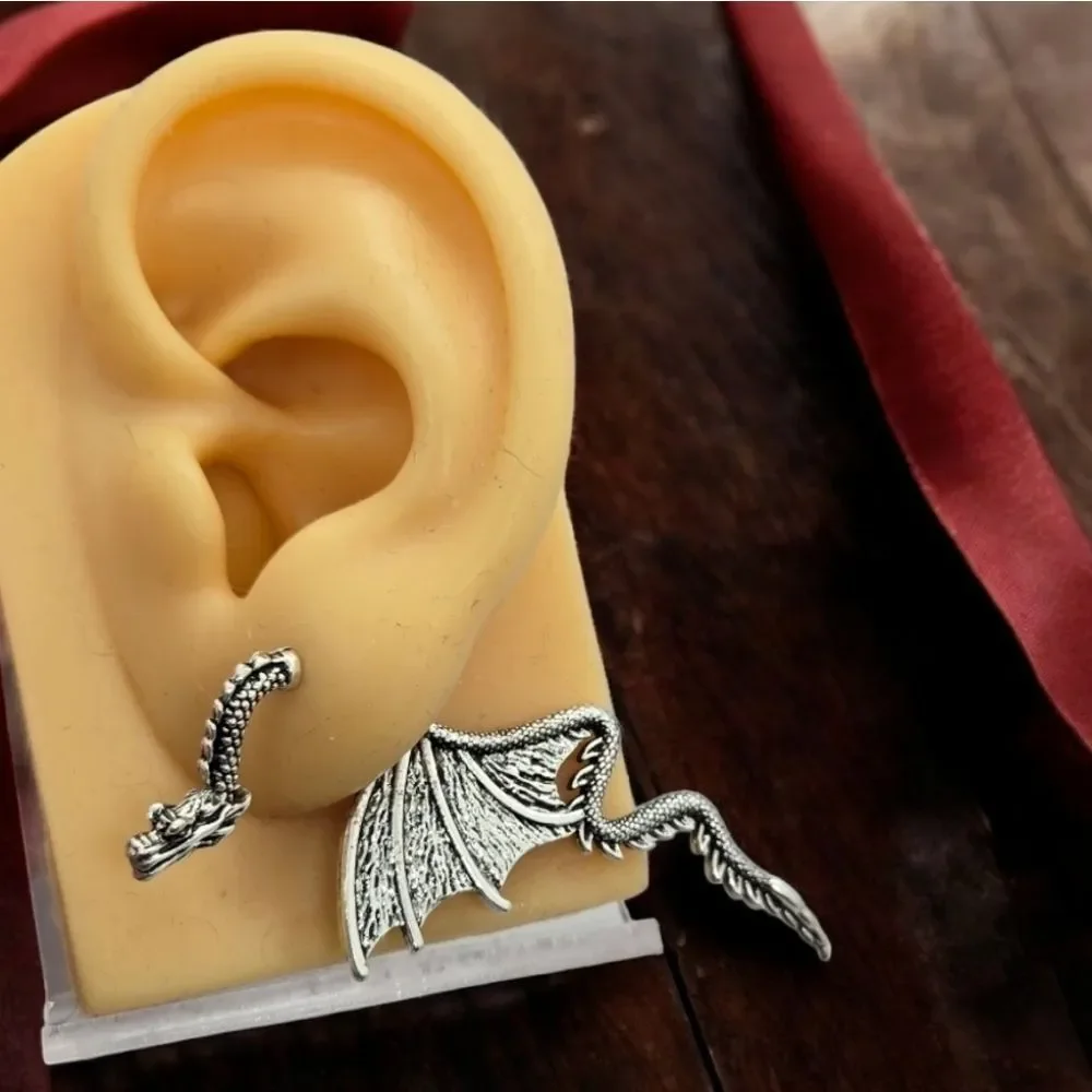 Silver Dragon Ear Jacket Earrings Gothic Fantasy Winged Dragon Cosplay Jewelry